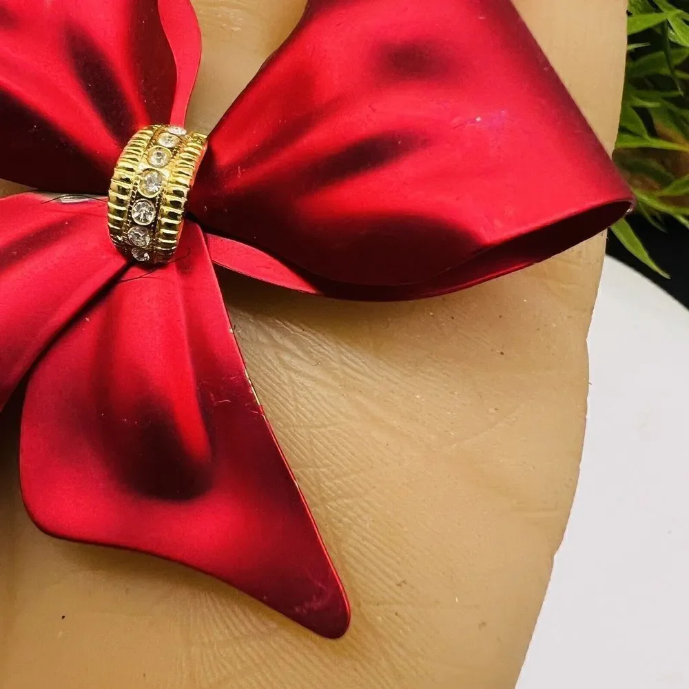 Vintage RED Metalic Satin Bow Ribbon Brooch Pin Crystal Accent Large Matte 1426